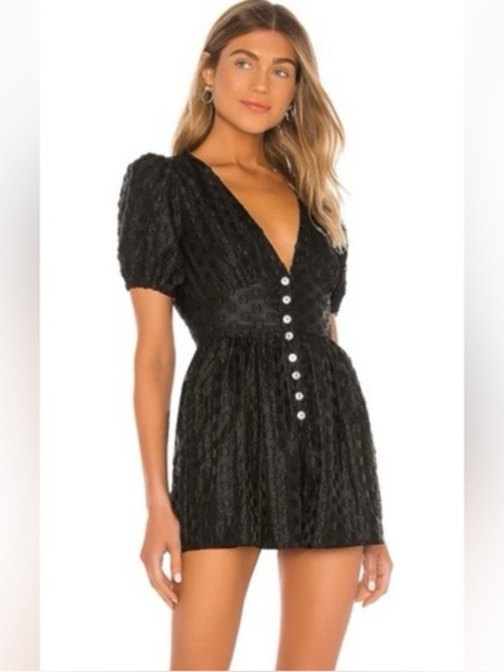 Majorelle Revolve Black Romper Large Puff Sleeve V Neck Swiss Dot Buttons